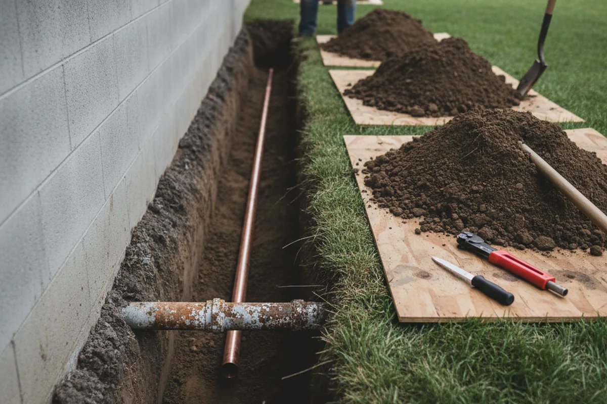 Excavated water line trench during Water Softener Installation in Elizabethtown